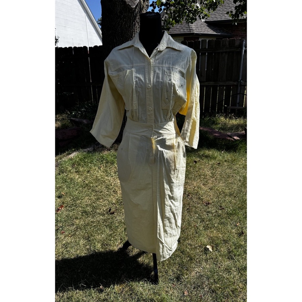 VTG 1950 Style Pastel Yellow Cotton Midi Day Dress Sz7 Tight Waist USA Bat Sleev